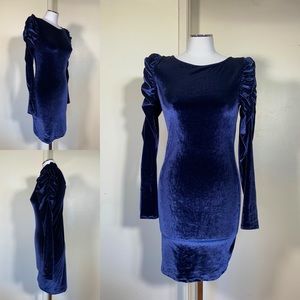 Blue Velvet Bodycon Dress with Ruched Puff Shoulder